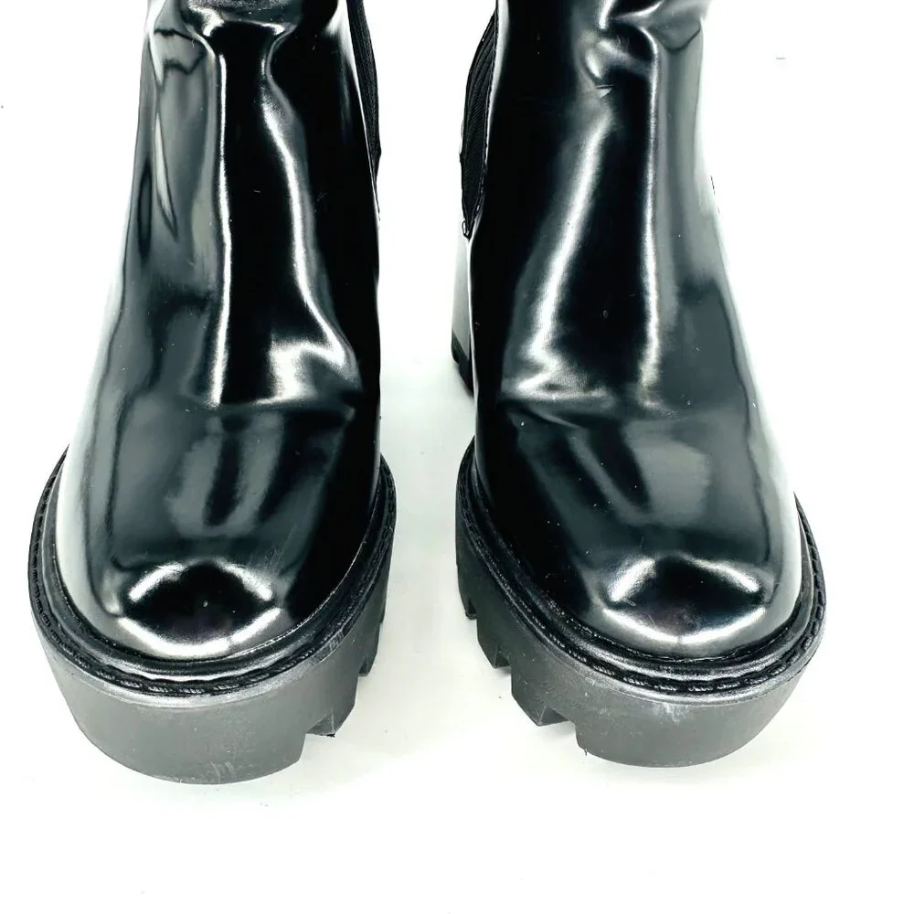 Zara Womens Black Glossy Leather Chunky Heel Chelsea Ankle Boots Size 36 EU - Picture 7 of 11